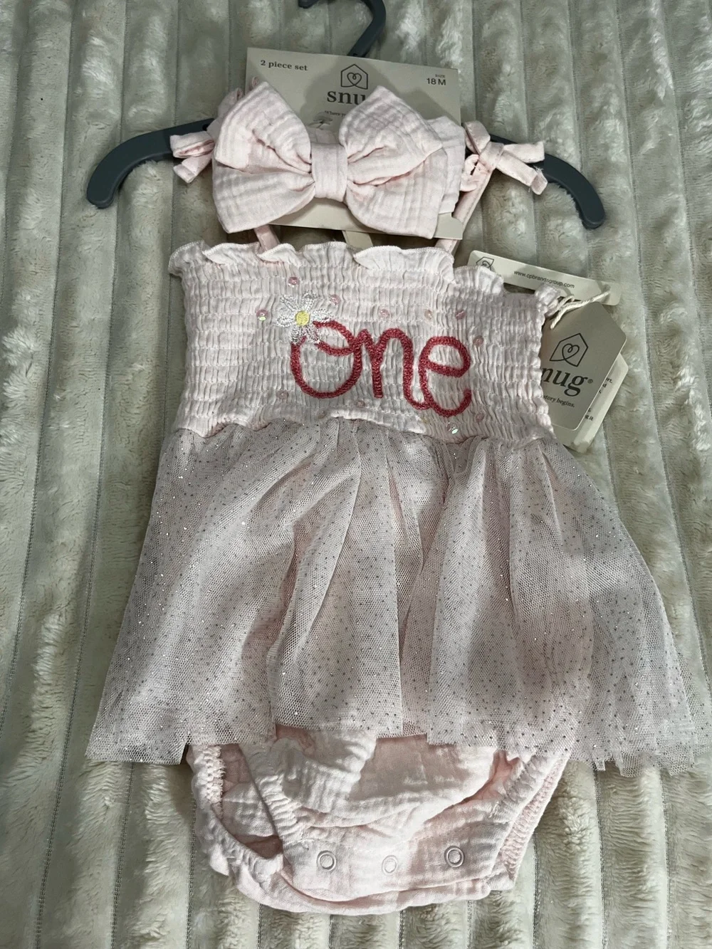 Snug Baby Girls Pink 'One' Tulle One-Piece with Bow Headband